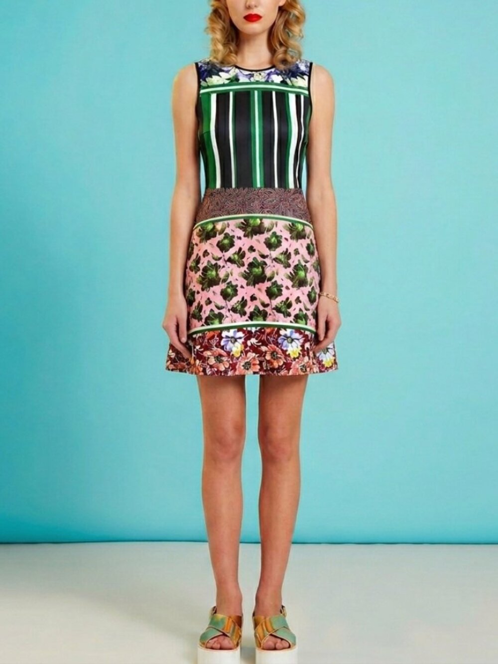 Clover Canyon Resort 15 Floral Collage Stripe Mixed Print Open Back Mini Dress S